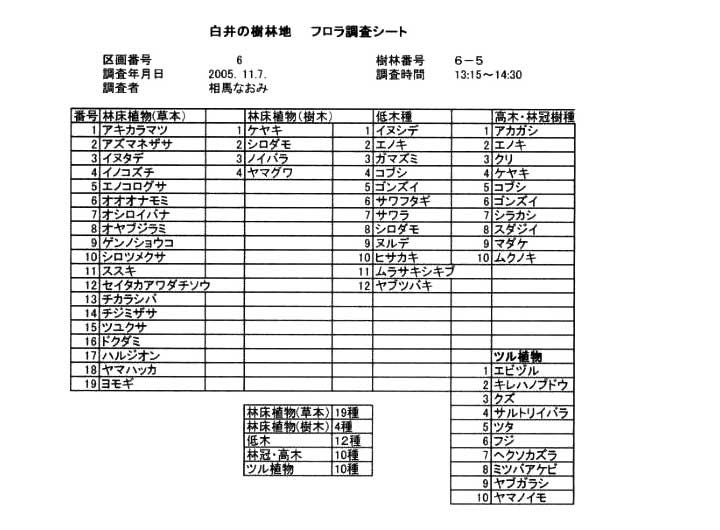 白井の樹林地　フロラ調査シート 6-5