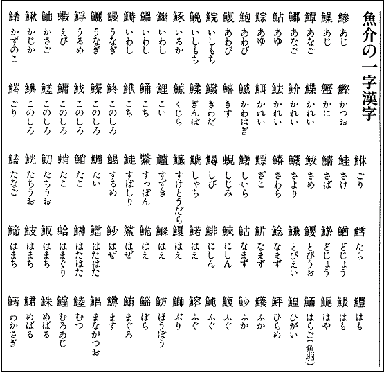 魚介の一字漢字一覧